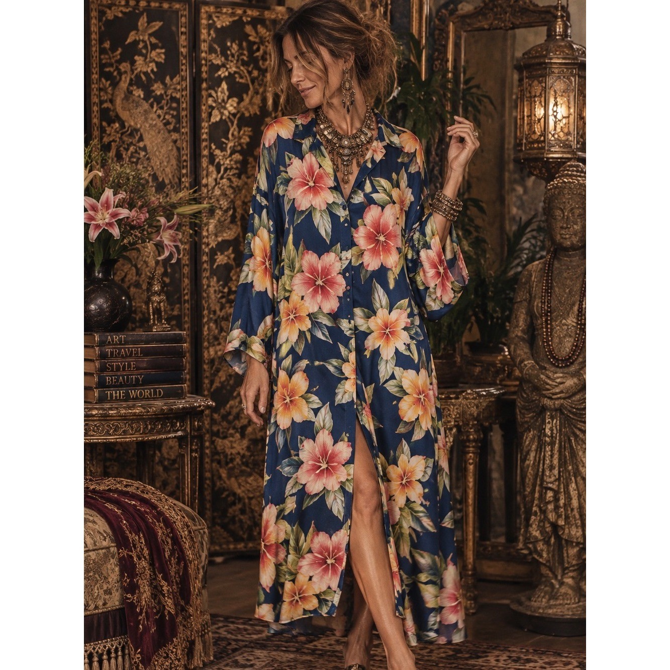 Vintage Sue Wong Hawaiian Floral Kimono Shirtdress PTP 24\