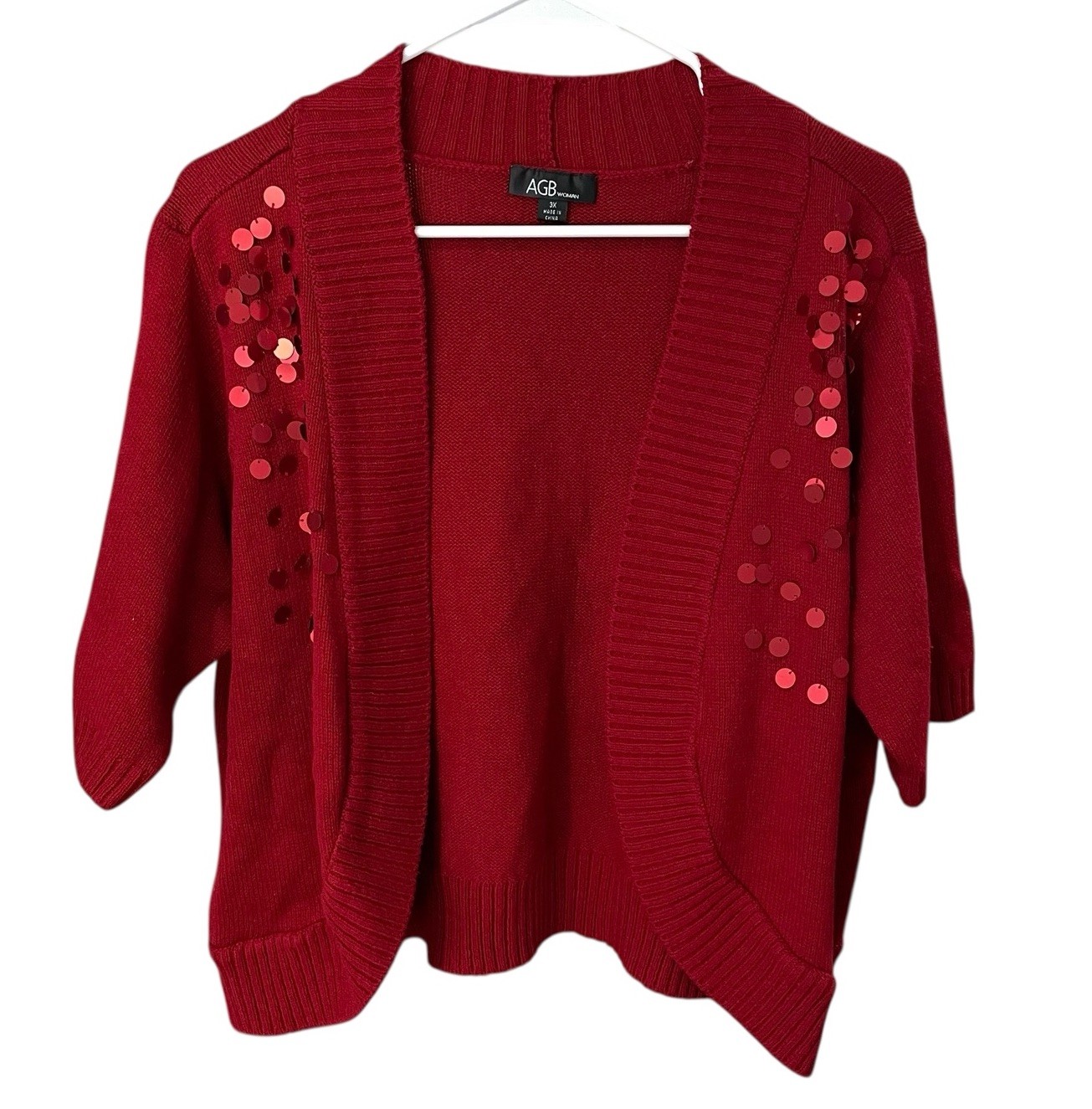 NEW Vtg AGB Open Front Bolero Shrug Sweater Womans 3X Red Burgundy w/Sequins