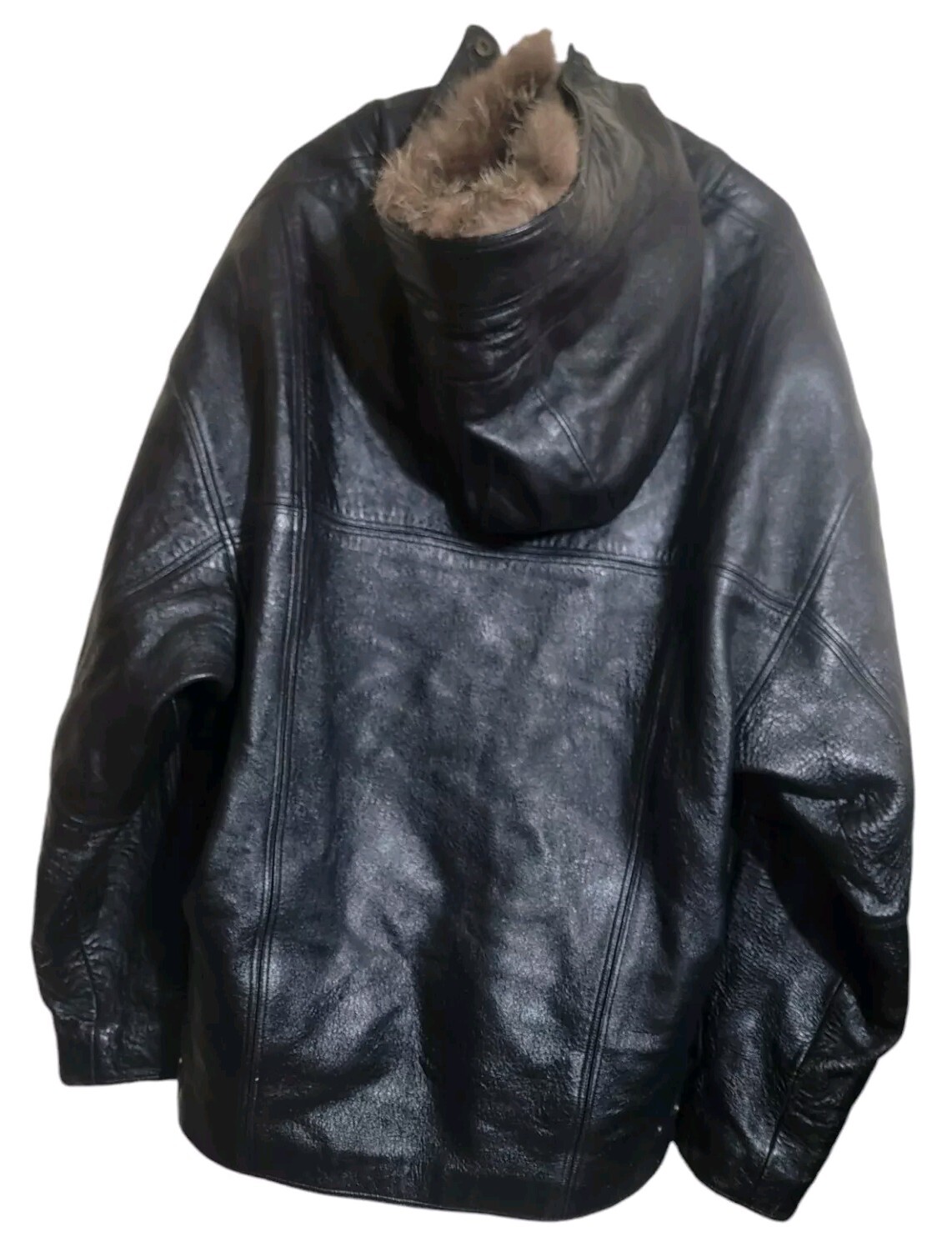 VTG Pelle Pelle Jacket Men 48 Black Hooded Leather Heavy Oversized Hip Hop Y2K 