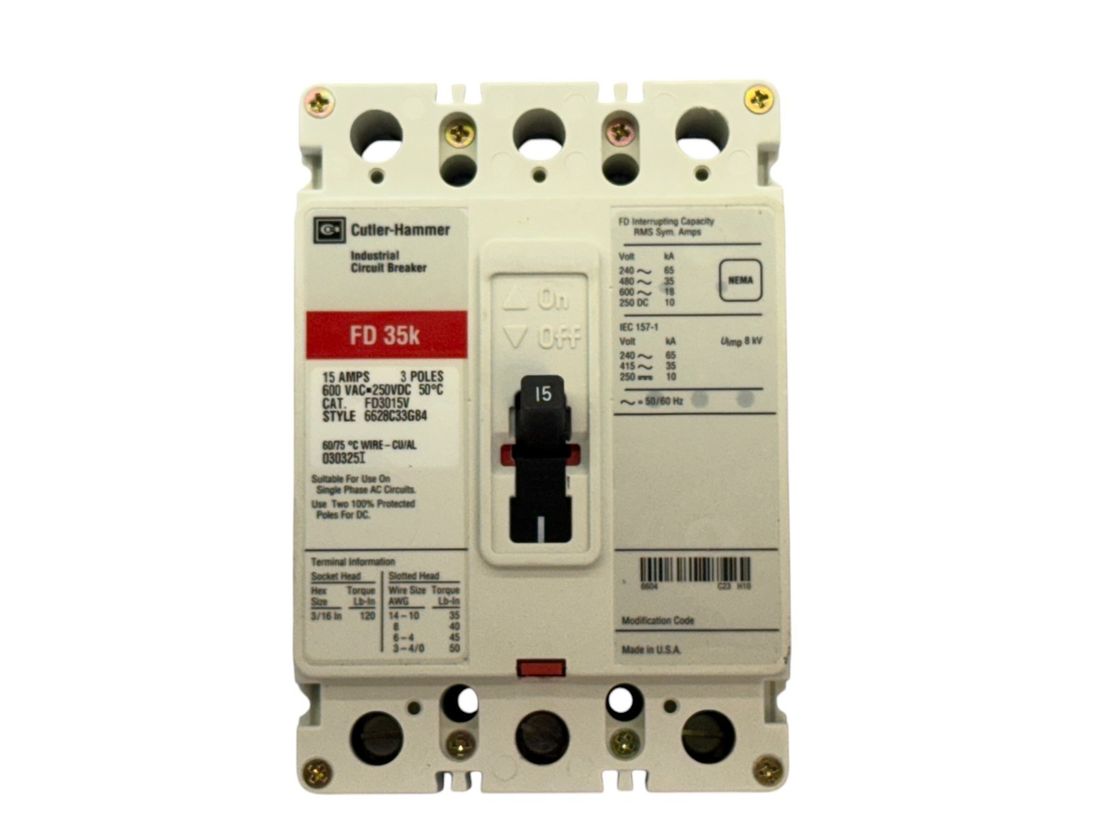 EATON CUTLER HAMMER FD3015V 3 POLE 15 AMP 600 VOLT 35kA@480V CIRCUIT BREAKER EATON CUTLER HAMMER FD3015V 3 POLE 15 AMP 600 VOLT 35kA@480V CIRCUIT BREAKER
