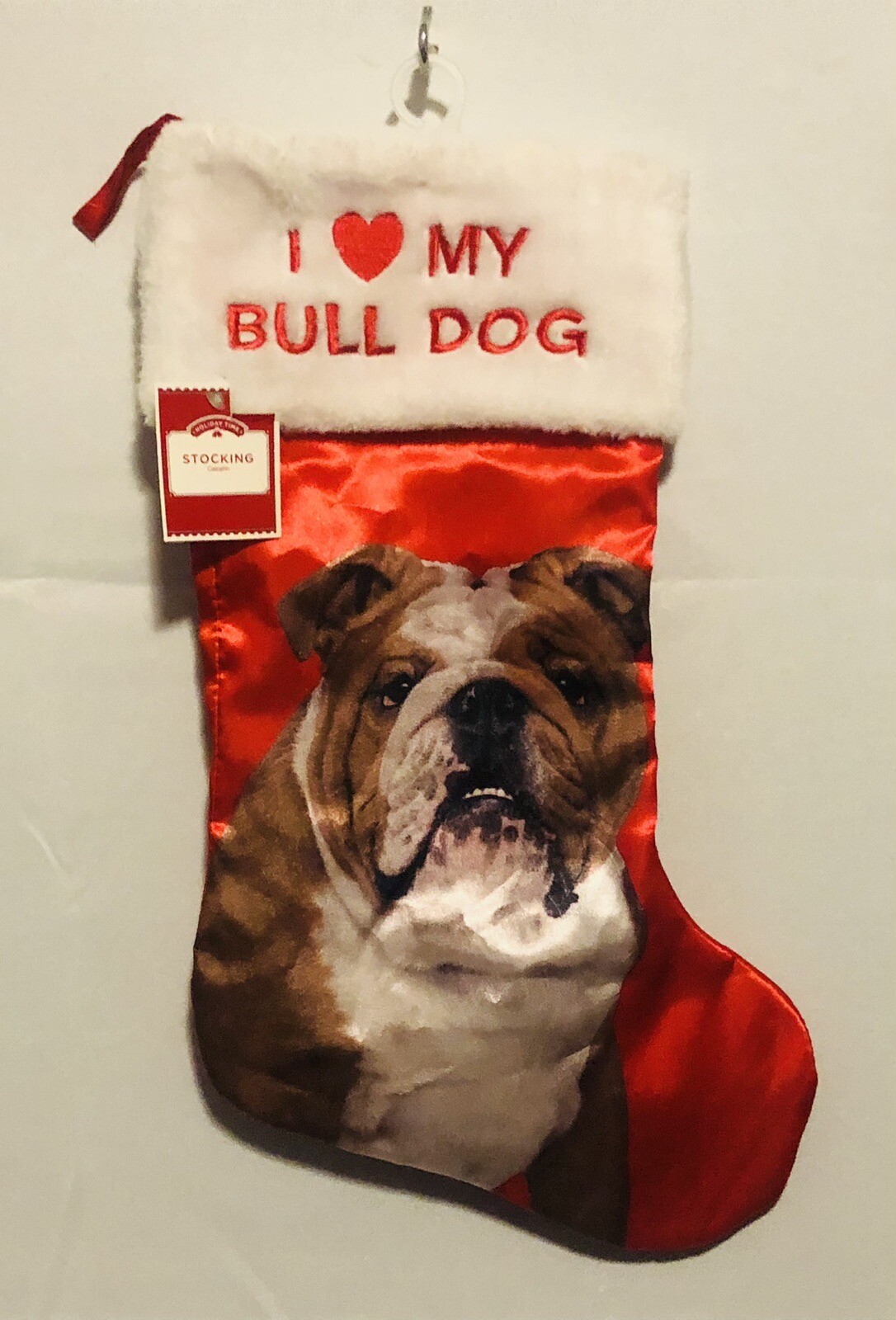 I Love My Bull Dog Pet Puppy Dog Satin Christmas Santa Stocking Holiday Time New