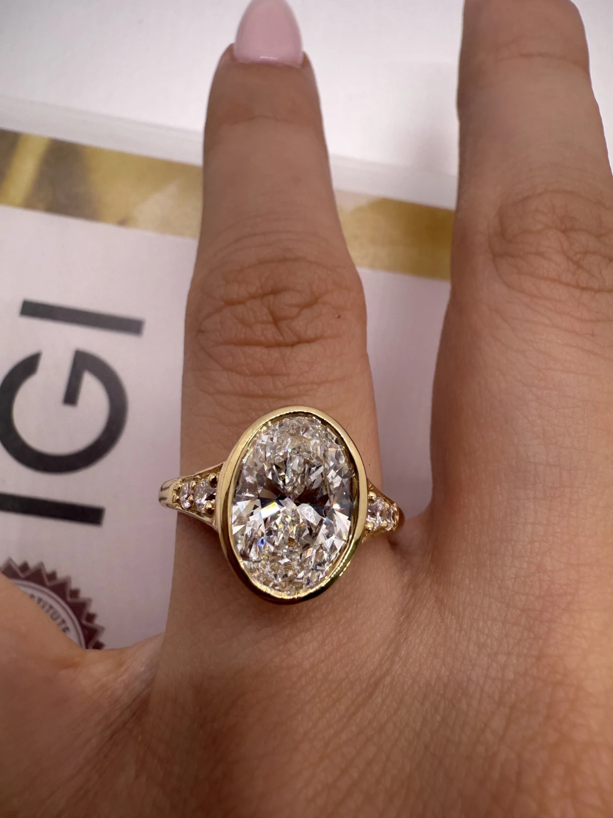 IGI 3.5Ct Oval E/VS1 Lab Grown Diamond Bezel Set Wedding Ring In 14K Yellow Gold