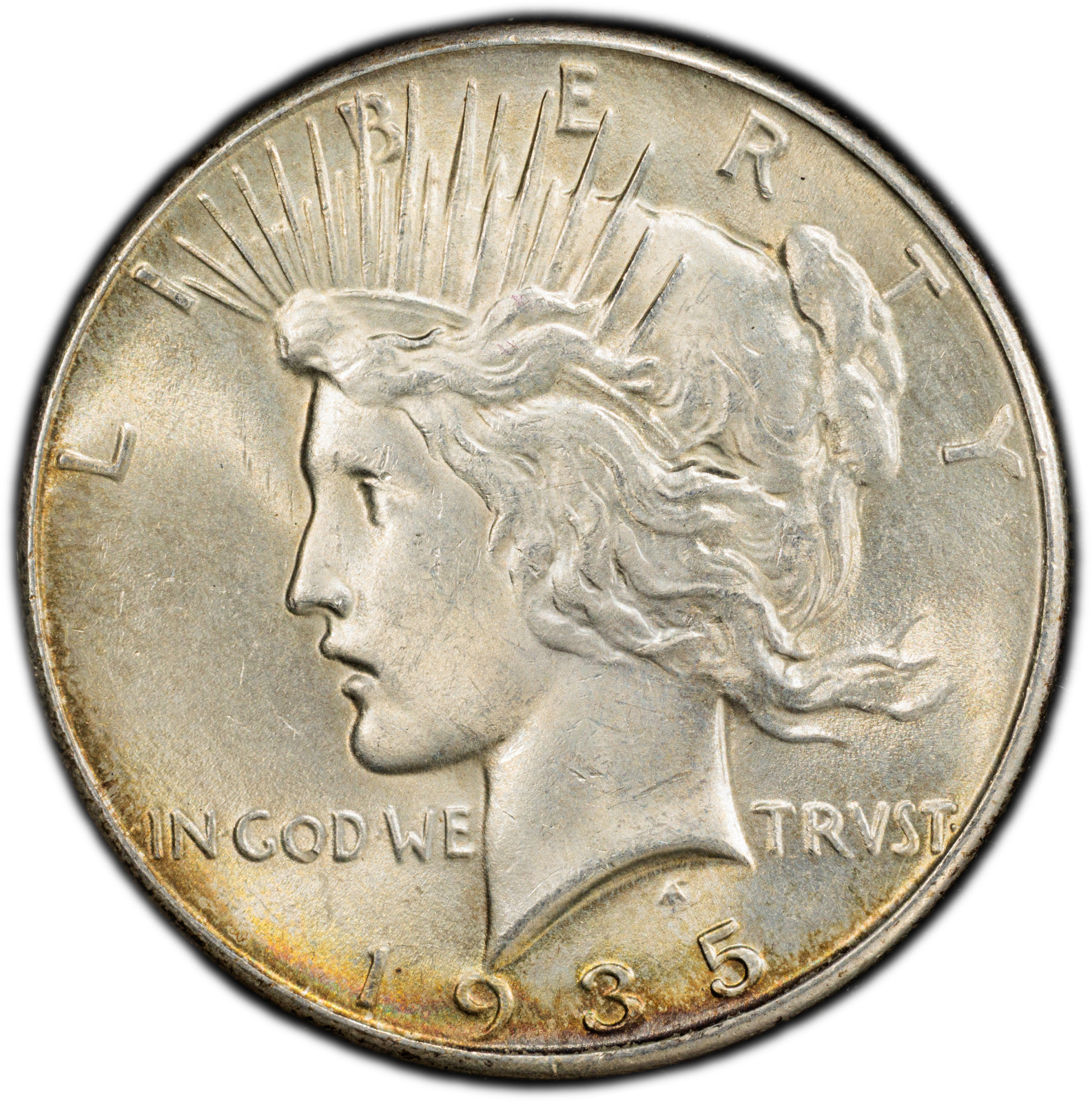 1935-P PCGS Genuine UNC Peace Dollar | Rainbow Toning | 40th Anniversary Label
