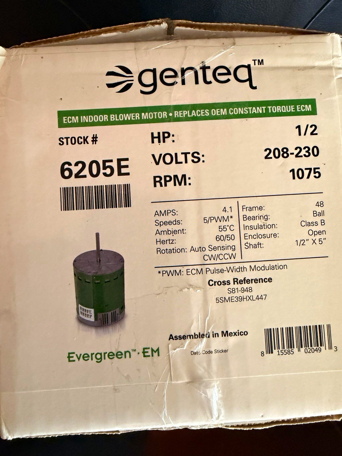 Genteq Evergreen EM 6205E ECM Indoor Blower Motor 1/2 HP 208-230V 1075RPM