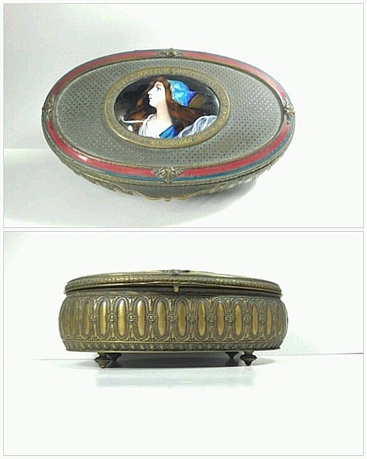 Antique Footed French Bronze Jewelry Box Portrait Miniature Enamel signed