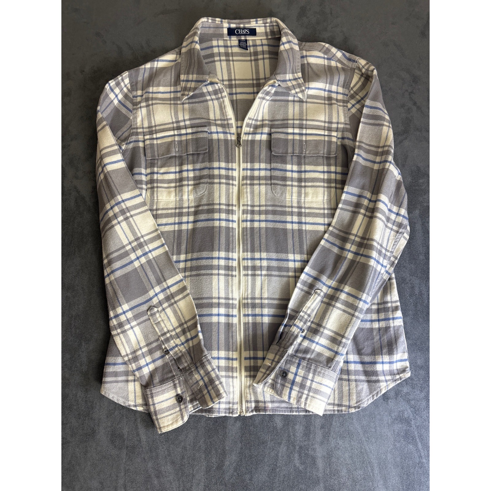 Chaps Womens Large Plaid Flannel Full Zip Shirt Grey Blue Cream Long Sleeve Chaps Womens Large Plaid Flannel Full Zip Shirt Grey Blue Cream Long Sleeve