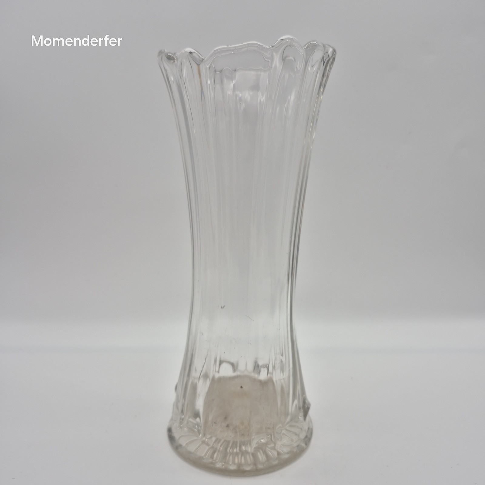 Vintage Clear Pressed Glass Swung Vase Ribbed Scalloped Rim Starburst Base
