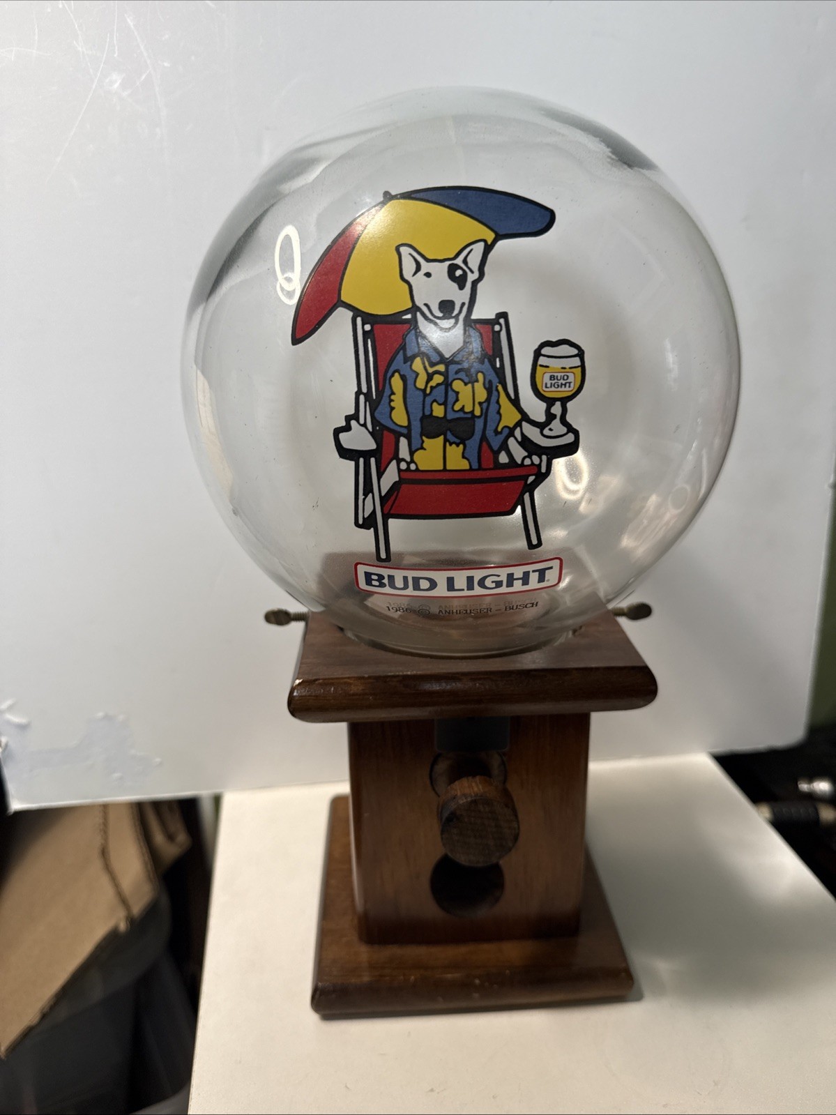 Vintage Bud Light Spuds Mackenzie, Wood/Glass, Candy Or Gum Ball Dispenser.
