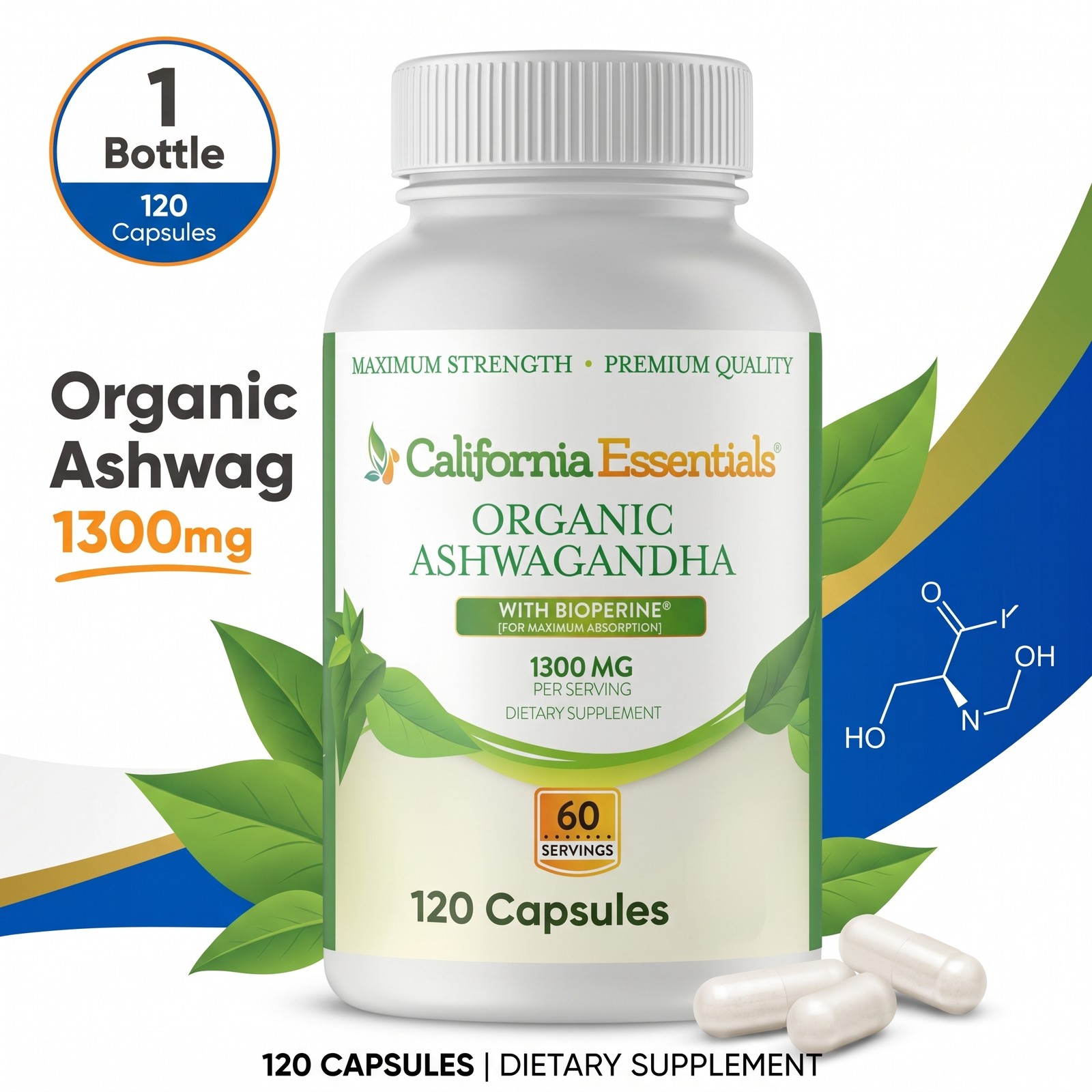 Organic Ashwagandha 1300mg BioPerine 1-3 Pack 120 Capsules Each