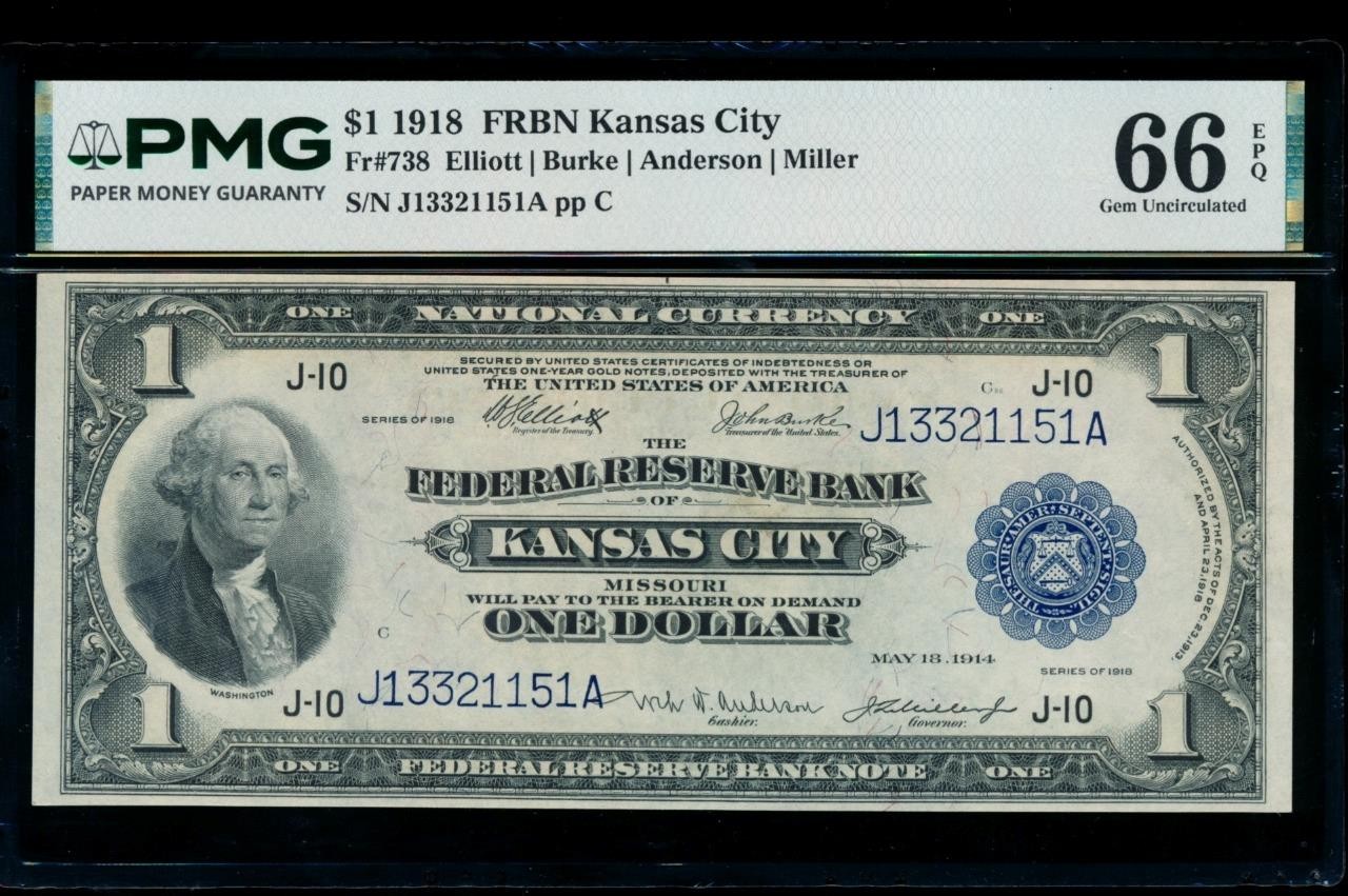 AC Fr 738 1918 $1 FRBN Kansas City PMG 66 EPQ GEM UNCIRCULATED spread eagle