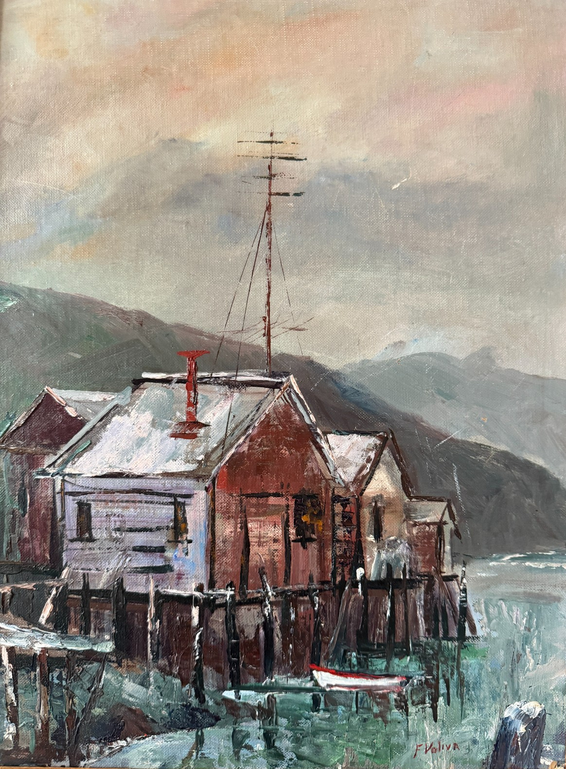 Vintage Mid Century Original Coastal Harbor Landscape Oil Painting Panel Signed