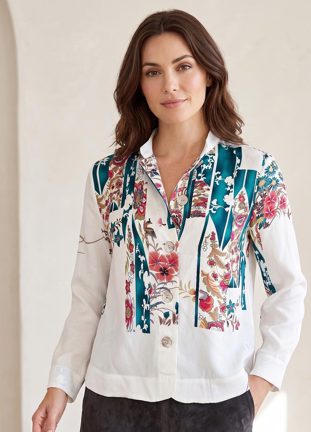 Citron Santa Monica Women\'s Silk Top Blouse Shirt Tunic Size S M Oriental Asian