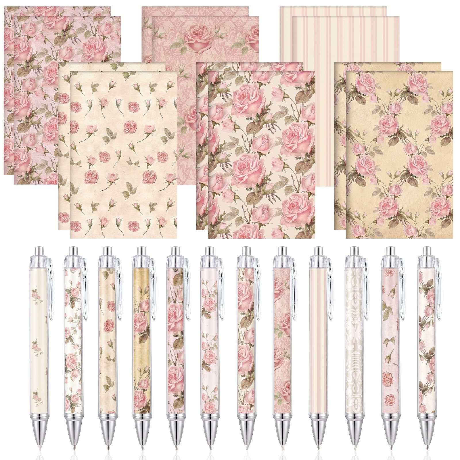 24 Pcs Vintage Rose Pink Floral Pens Flower Ballpoint Pens Flower Notepads Se...