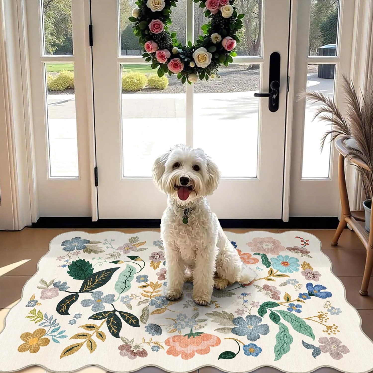 Washable 2x3 Entryway Scalloped Rug: Floral Thin Door Mat Non Slip Water Resi...