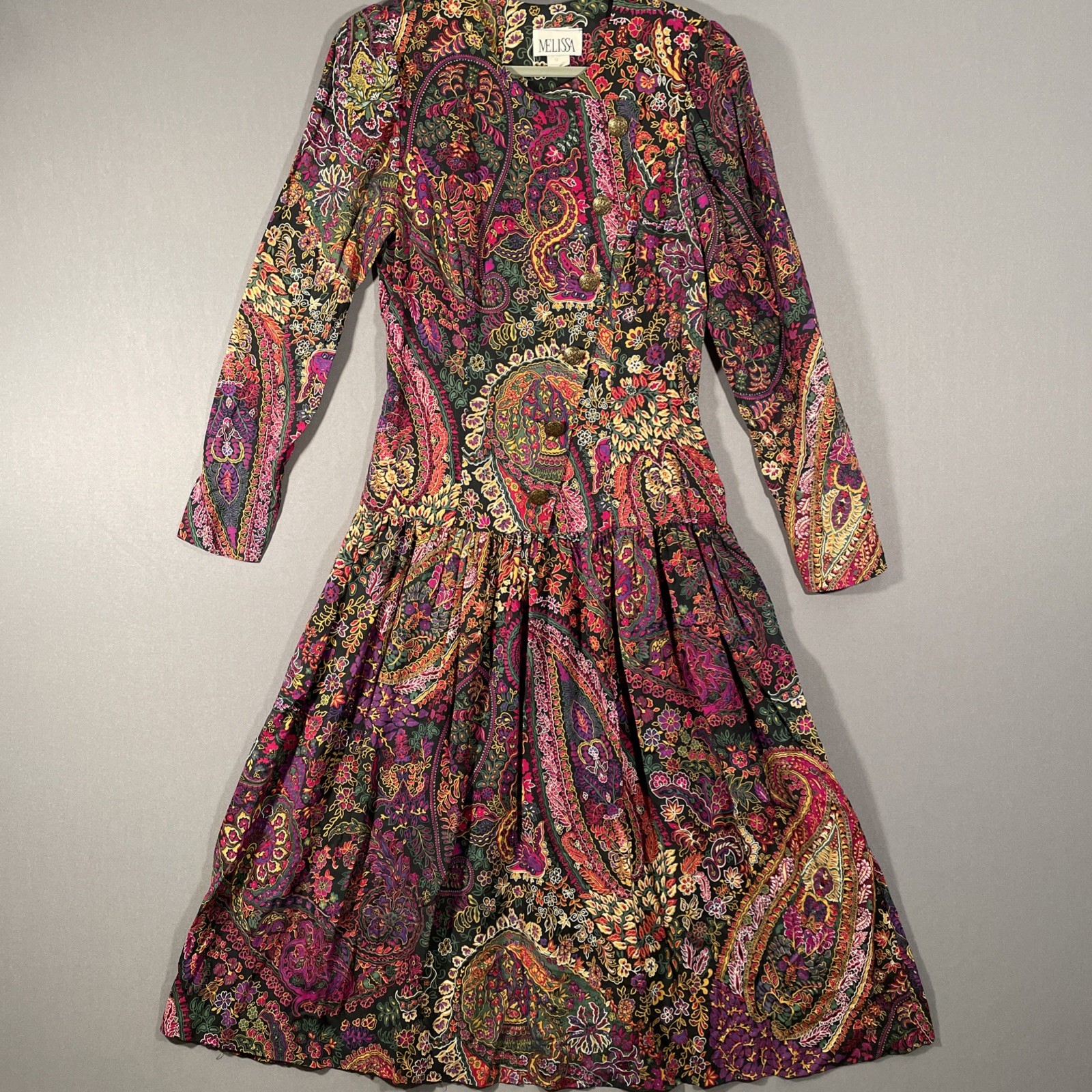 Vtg 90s Melissa Maxi Dress Drop Waist Floral Paisley Long Sleeves Sz 12 Vtg 90s Melissa Maxi Dress Drop Waist Floral Paisley Long Sleeves Sz 12