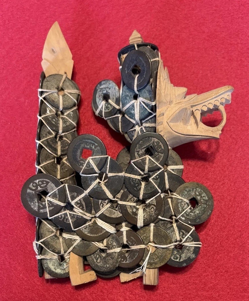 Early 20Th C., Balinese Antique Oriental Coin Dragon w. Carved Wood Elements