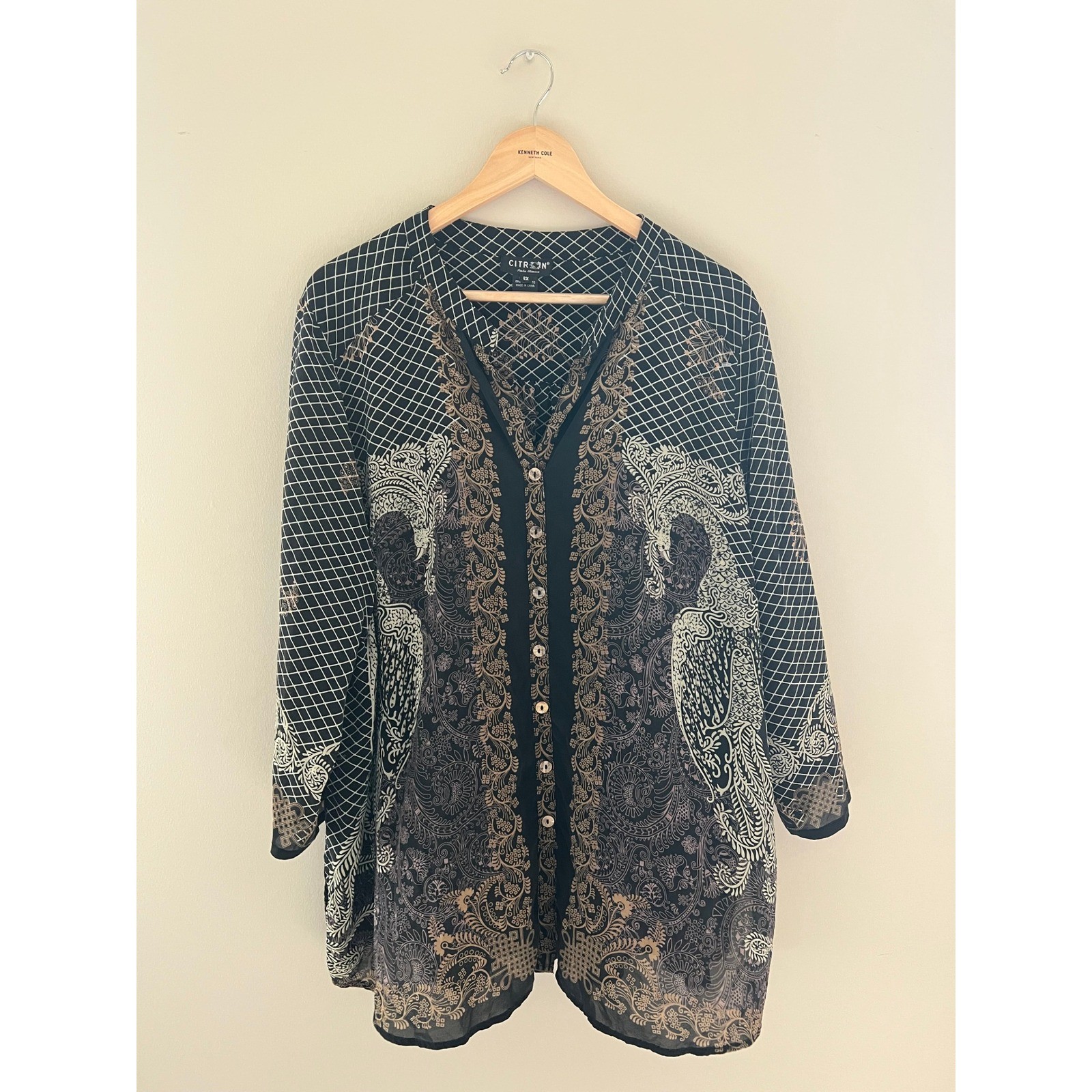 Citron Santa Monica 100% Silk Beaded Paisley Bird Print Tunic Blouse Black 2X