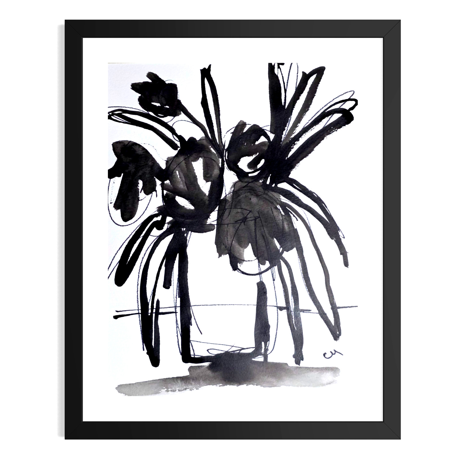 Original 9x12 Abstract Floral Acrylic Painting Black White Minimalist  Art