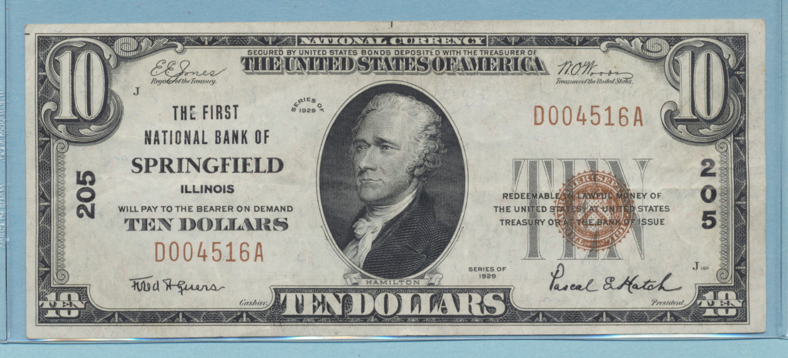 1929 National Currency $10 Springfield Illinois #205 Low Serial # XF++ 