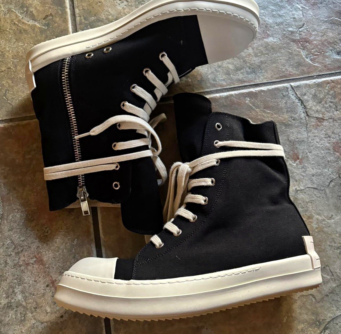 Rick Owens DRKSHDW Ramones Men’s High-Top Canvas Sneakers Black/White Zip EU 43