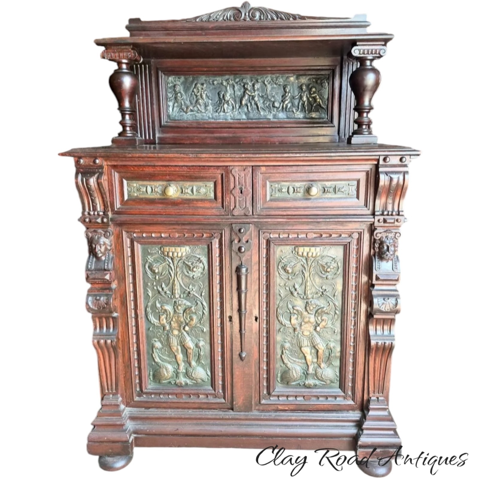 Antique 19th  Renaissance victorian  Carved oak  Cabinet Bronze Figural Panels