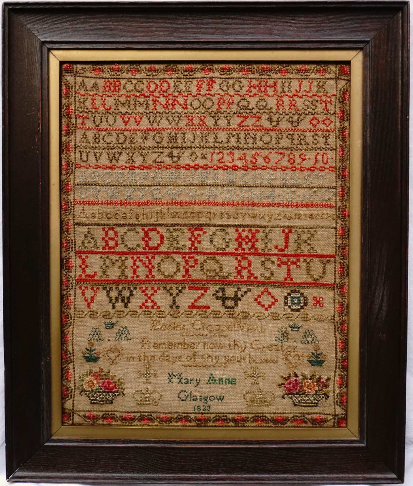 EARLY 19TH CENTURY ALPHABET & MOTIF SAMPLER BY MARY ANN GLASGOW? - 1833
