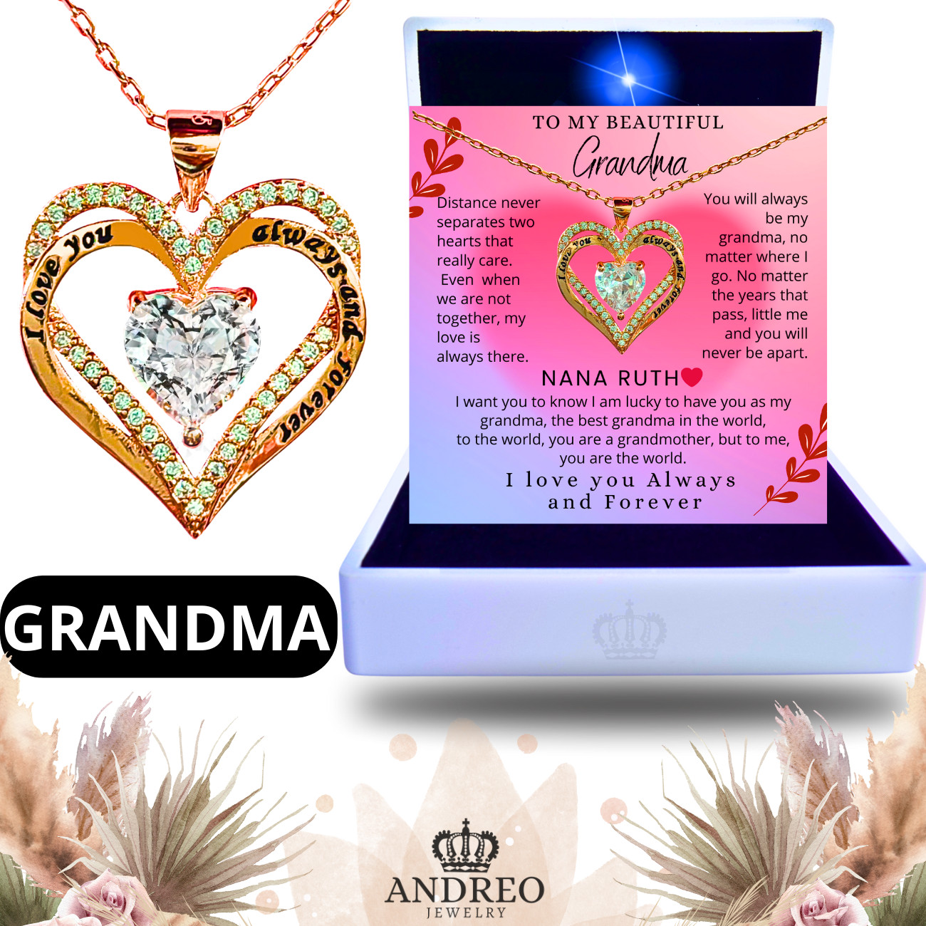 18k Heart Grandma CUSTOM Necklace for Grandmother Birthday Gifts ANDREO