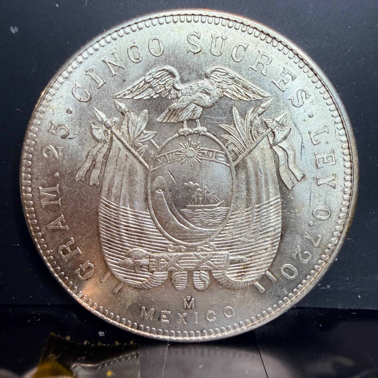 1943 Ecuador 5 Sucres Silver Coin Excellent AU Details Condition .720 Fine