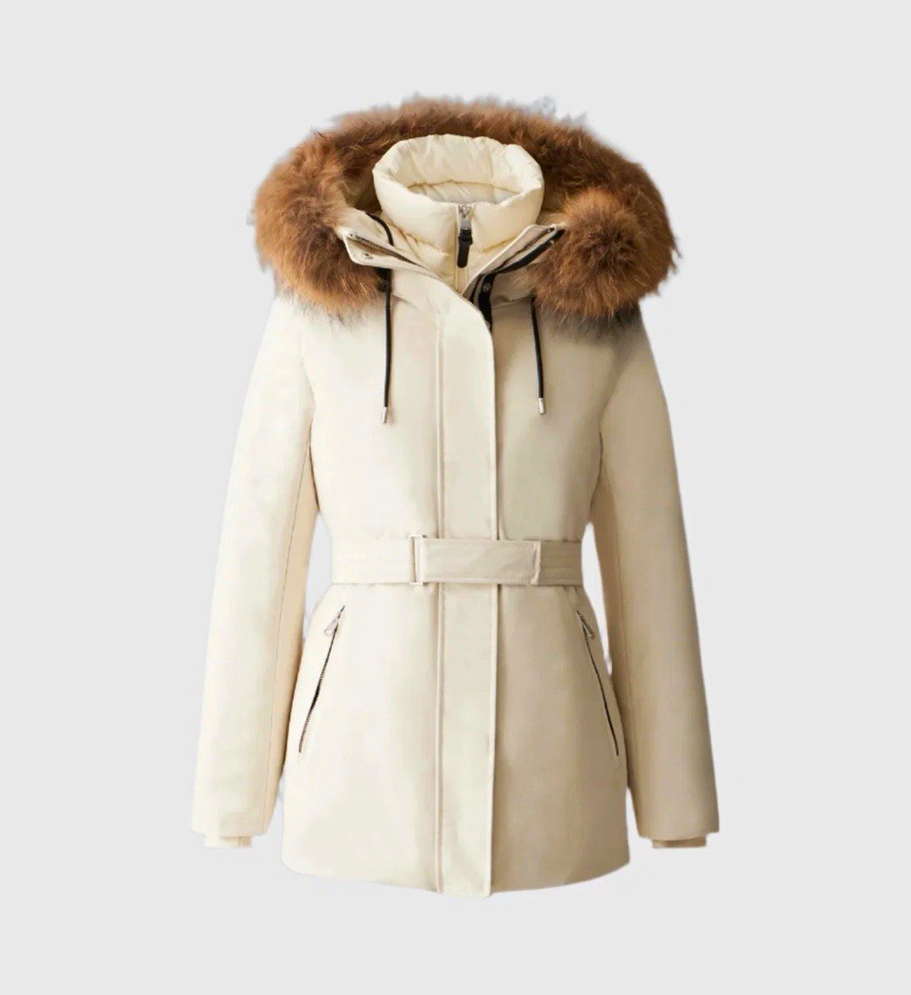 AUTHENTIC $1450 MACKAGE JENI X IVORY CREAM BELTED PARKA NATURAL FUR XS