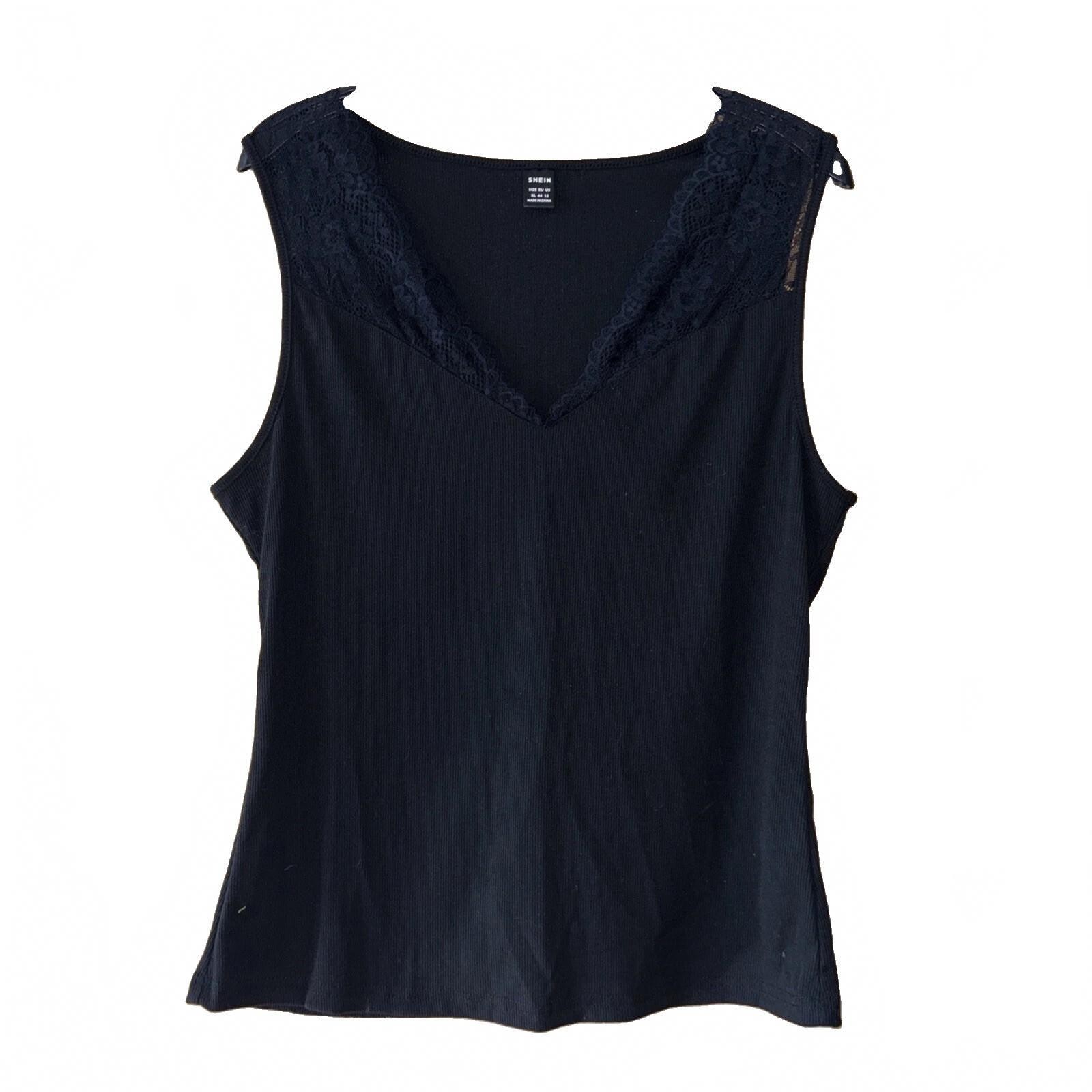 Shein Black Lace Trim V-Neck Cami Top Y2K Gothic Alternative Ribbed XL