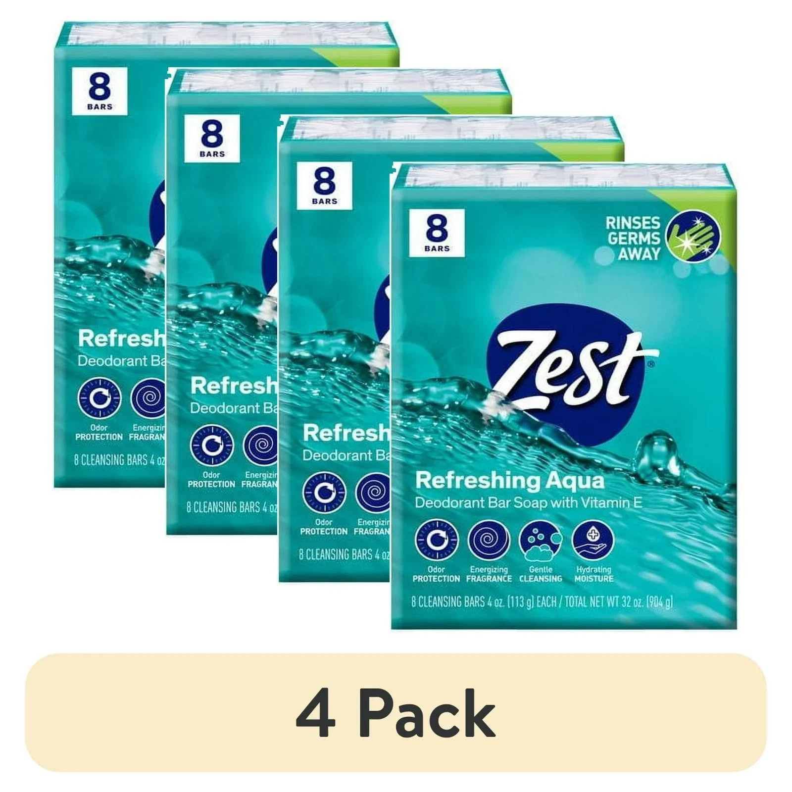 Zest Deodorant Bar Soap, Hydrating Moisture, Aqua 8 Bars 4 oz. each - 4 PACK