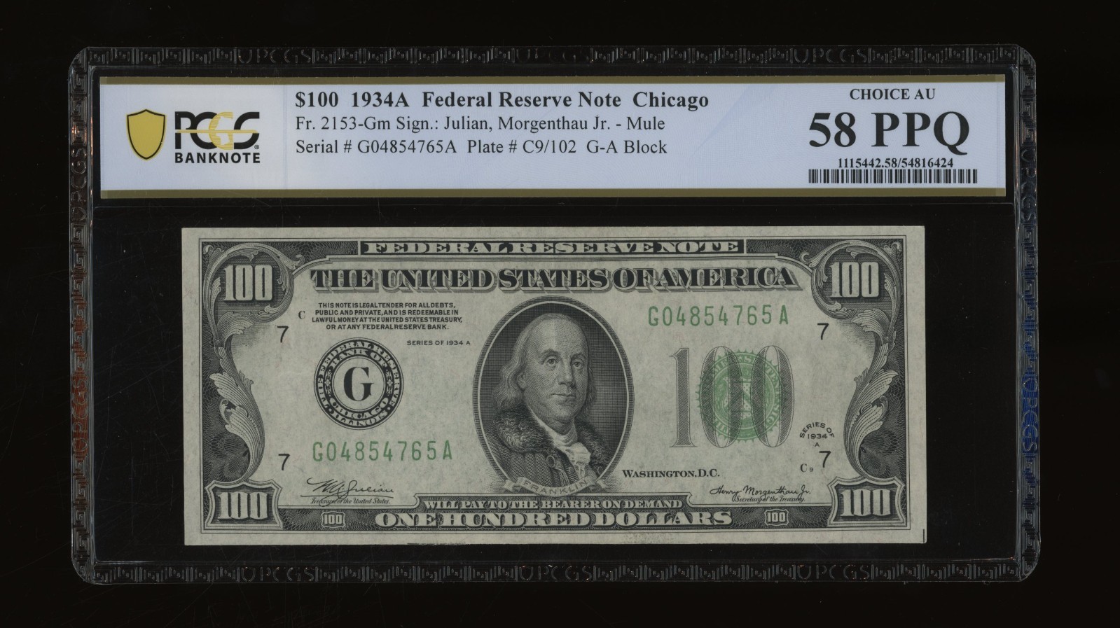 DBR 1934-A $100 FRN Chicago Mule Fr. 2153-Gm PCGS-B 58 PPQ Serial G04854765A