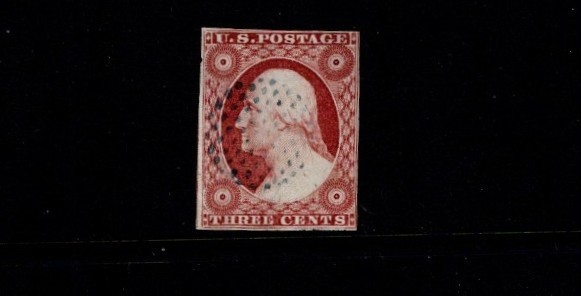 1851-7 U.S.CLASSIC 3c Dl Red Washington Ty II  IMPERF  Sc#11A Scarce Blue Cancel