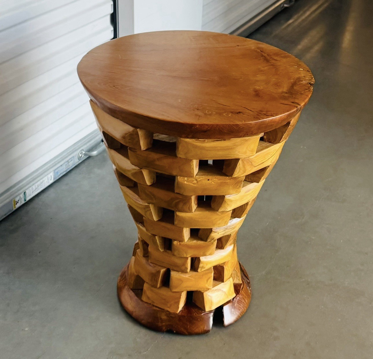 Vintage Organic Handcrafted Heavy Solid Teak Wood Lattice Side Table / Stool
