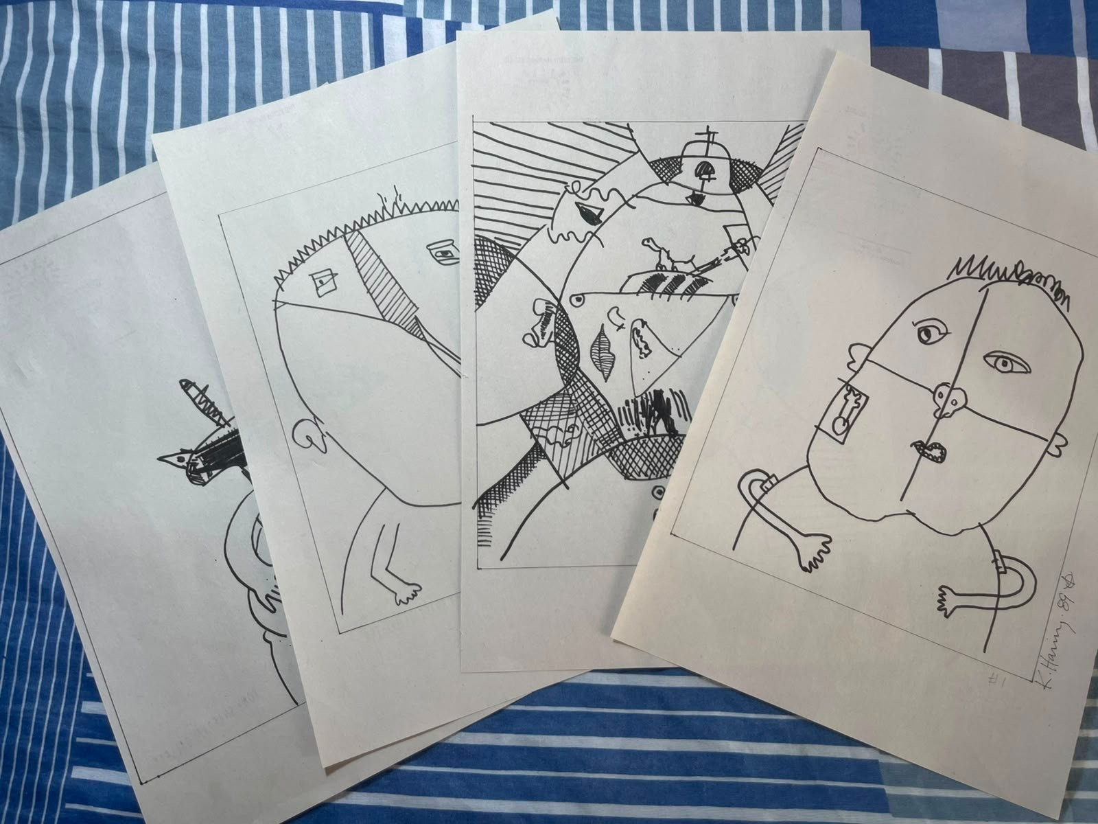KEITH HARING (4 ITEM) PAITING AND DRAWING ON OLD PAPER SIGNED  STAMPED-HANDMADE