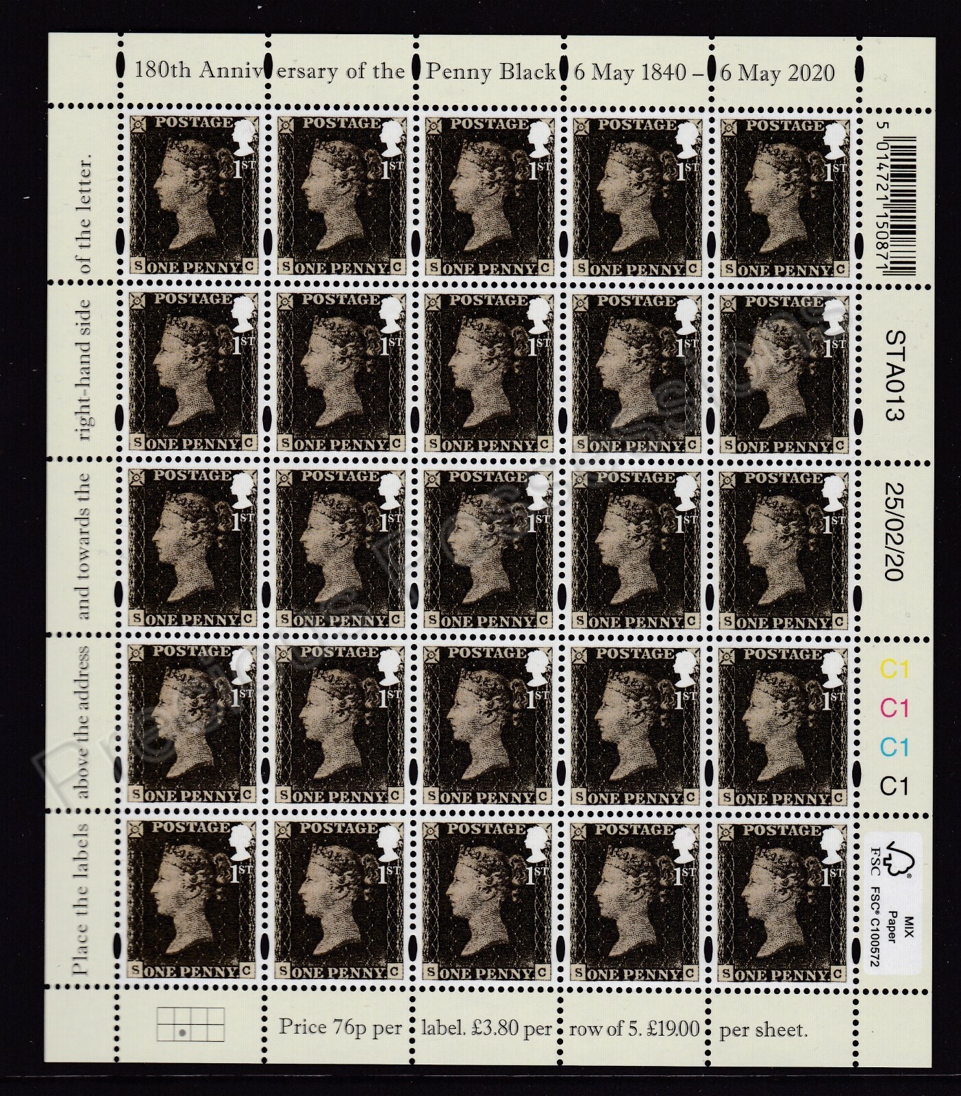 GB SG MS4355 MNH MINT STAMP SHEET 2020 180TH ANNIVERSARY OF THE PENNY BLACK