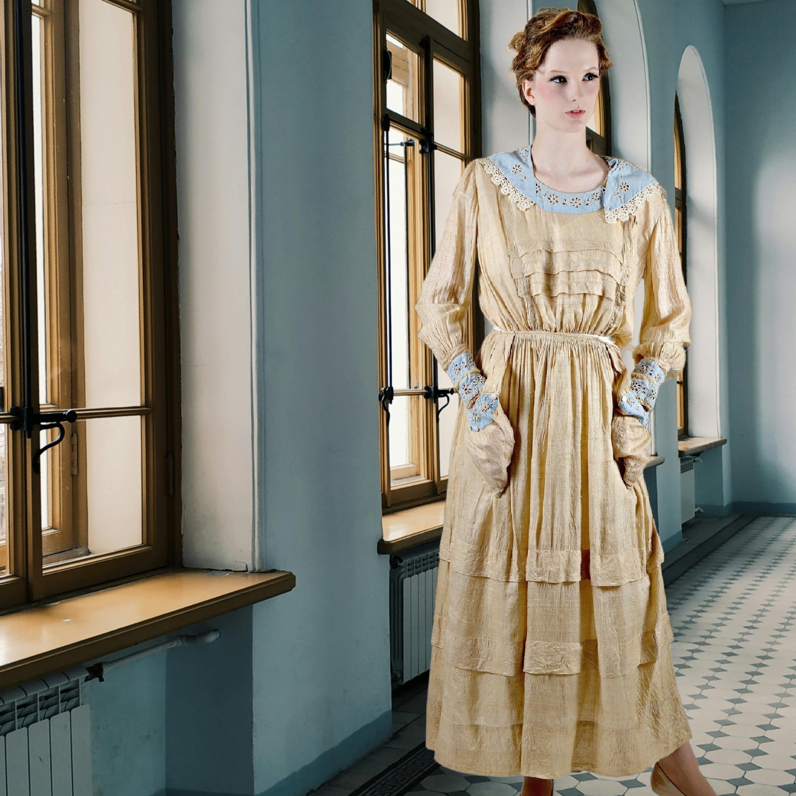 Antique Edwardian Silk Blouse & Pleated Skirt Set — 1900s Nautical Style