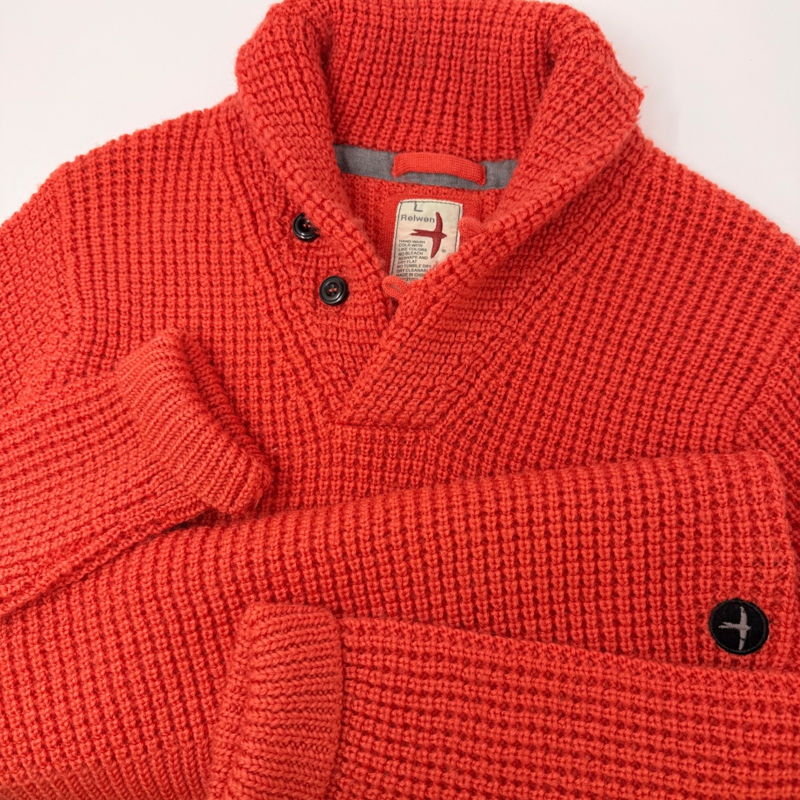 Relwen Mens Orange Mercerized Wool Shawl Collar Waffle Knit Sweater Large FLAW