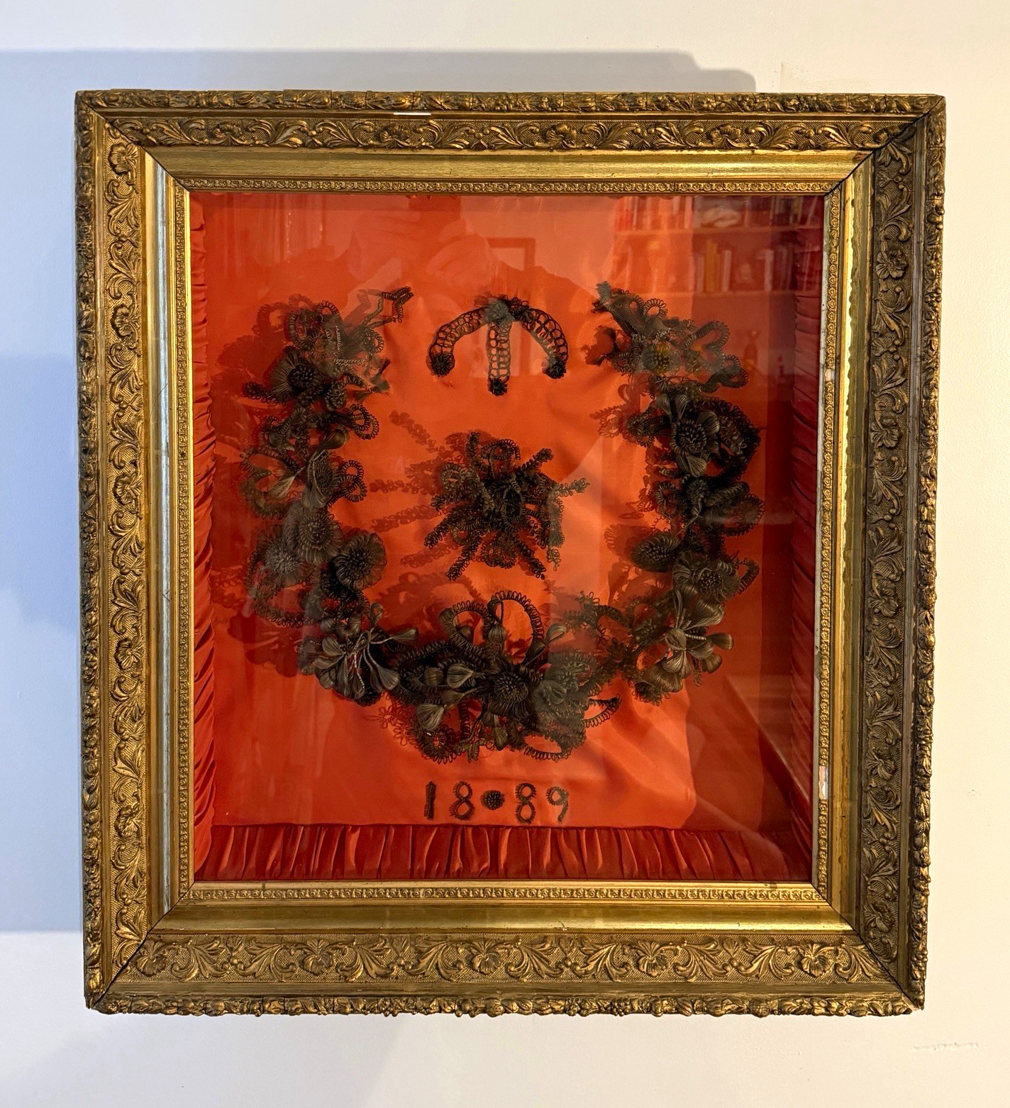 RARE Antique 1889 Victorian Mourning Hair Wreath.Gilded memento mori shadow box.