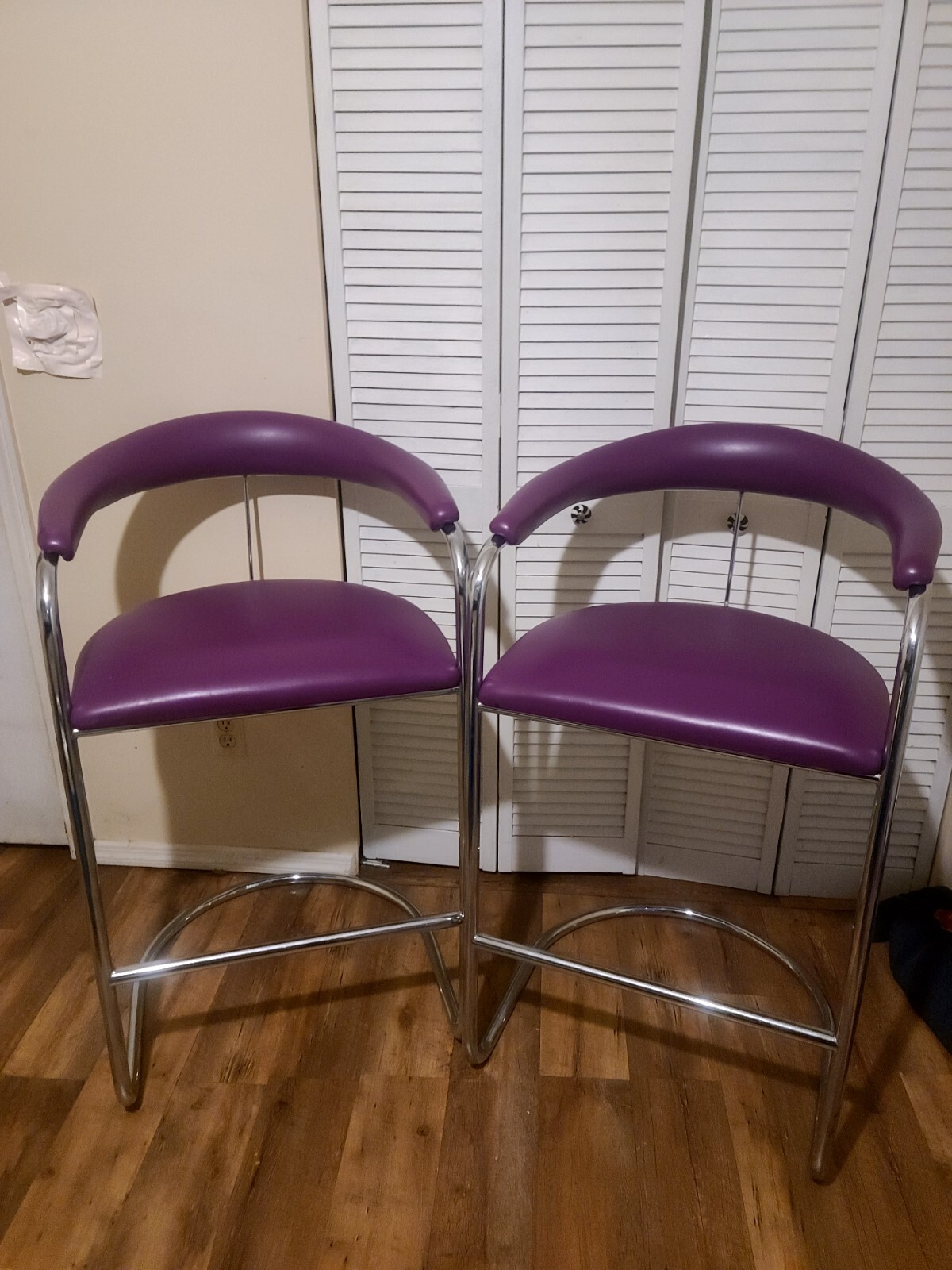 Vintage Pair Of Anton Lorenz  Purple Leather And Chrome Barstools By Thonet...