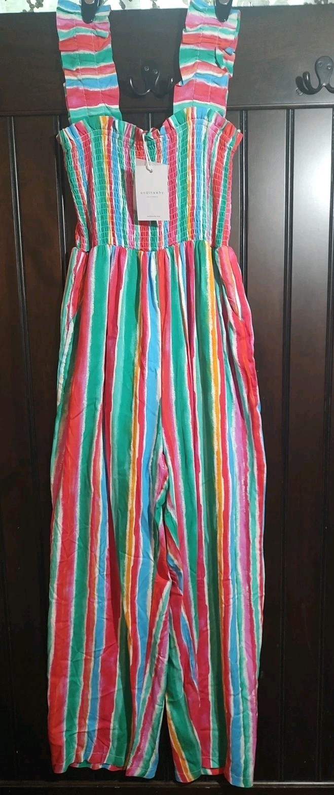NWT Andthewhy California Rainbow Stripe Jumpsuit Smocked Wide Leg Summer Boho 