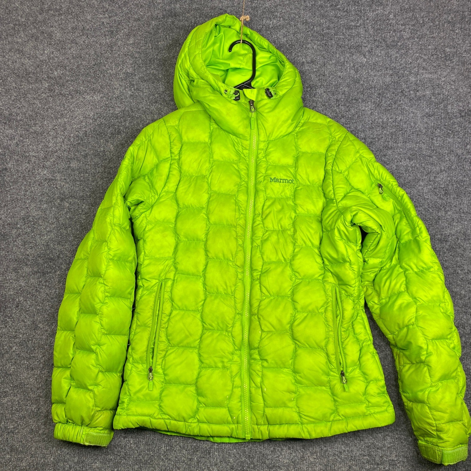Marmot Quasar Nova Hoody Mens Medium Lime Green 800 Fill Down Puffer Jacket
