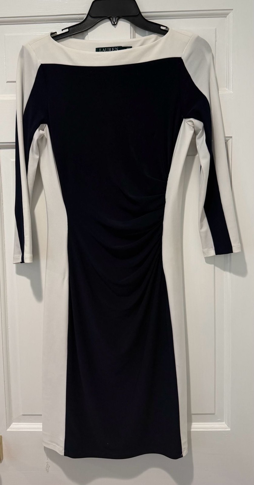 Lauren Ralph Lauren Navy and White Ruched 3/4 Sleeve Dress Size 2