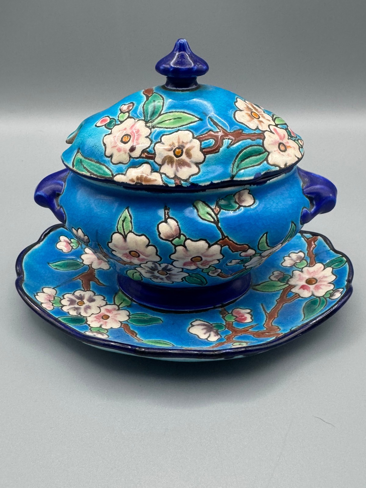 Antique 1890s Émaux de Longwy France Lidded Sauce Boat with Attached Saucer 890