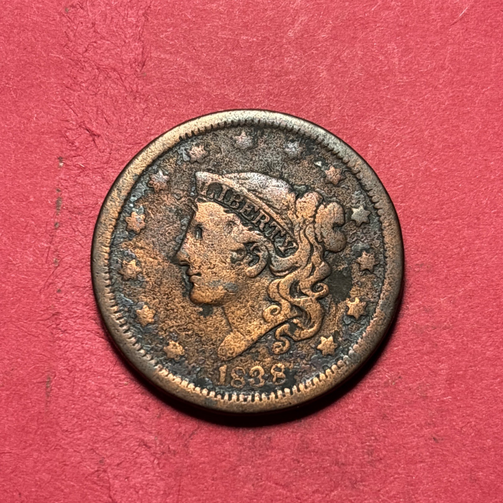 (1) Beautiful Toned Antique 1838 Coronet/Matron Head Large Cent/Penny CHOICE VG