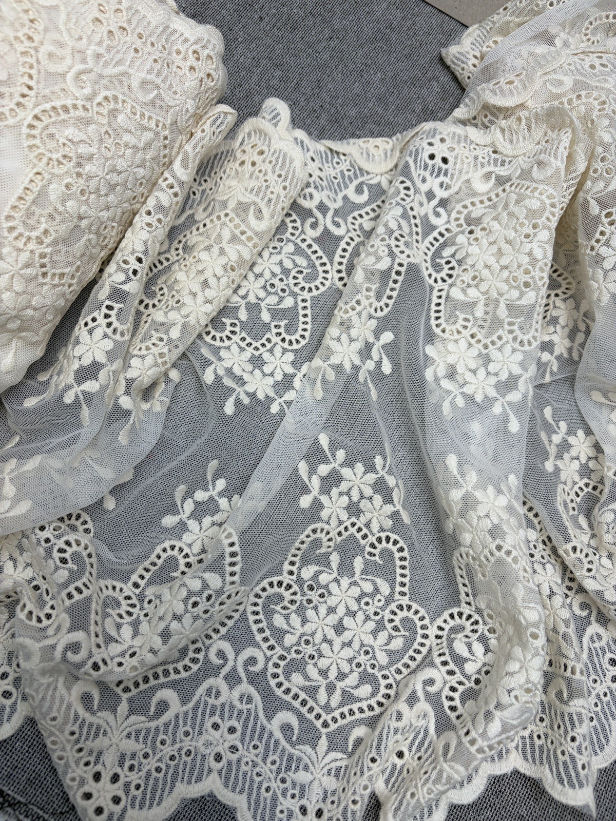 2 Yards 15” Wide Double Edge Cotton Embroidered Tulle Lace Cream White