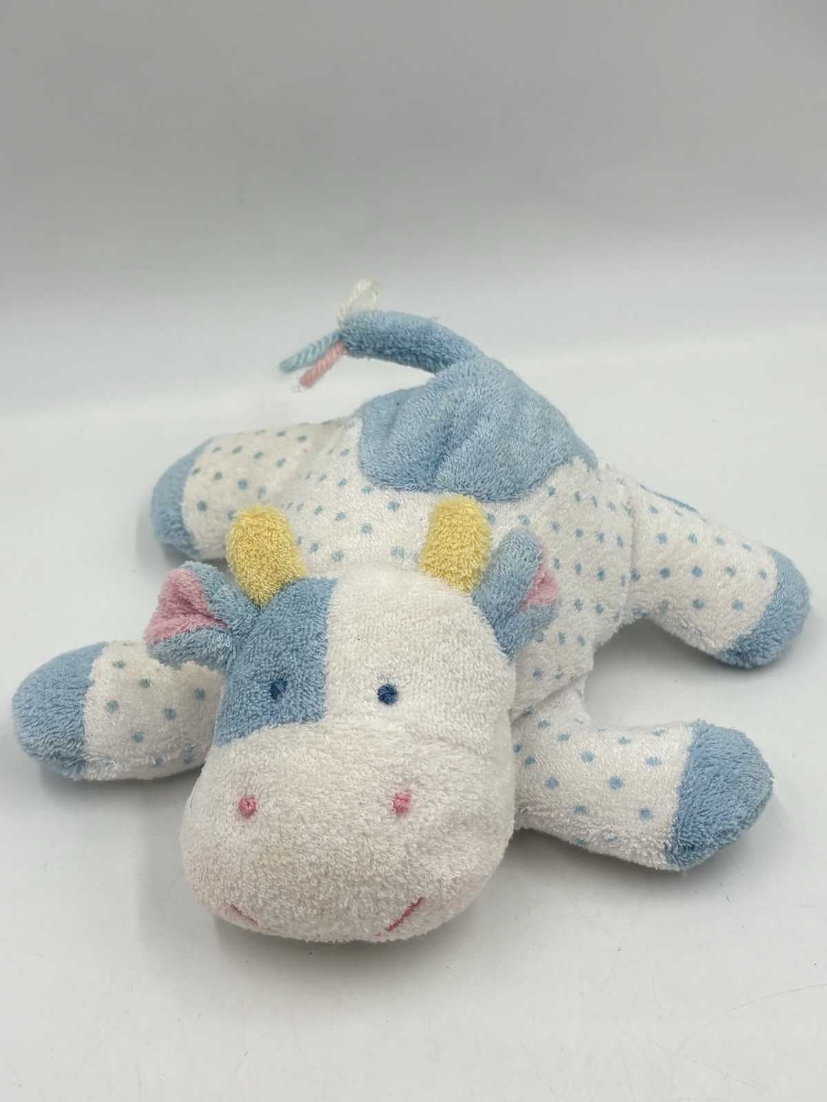VTG Eden Toys Terry Cloth Cow Blue White Polka Dot 6” Plush Baby Rattle Lovey