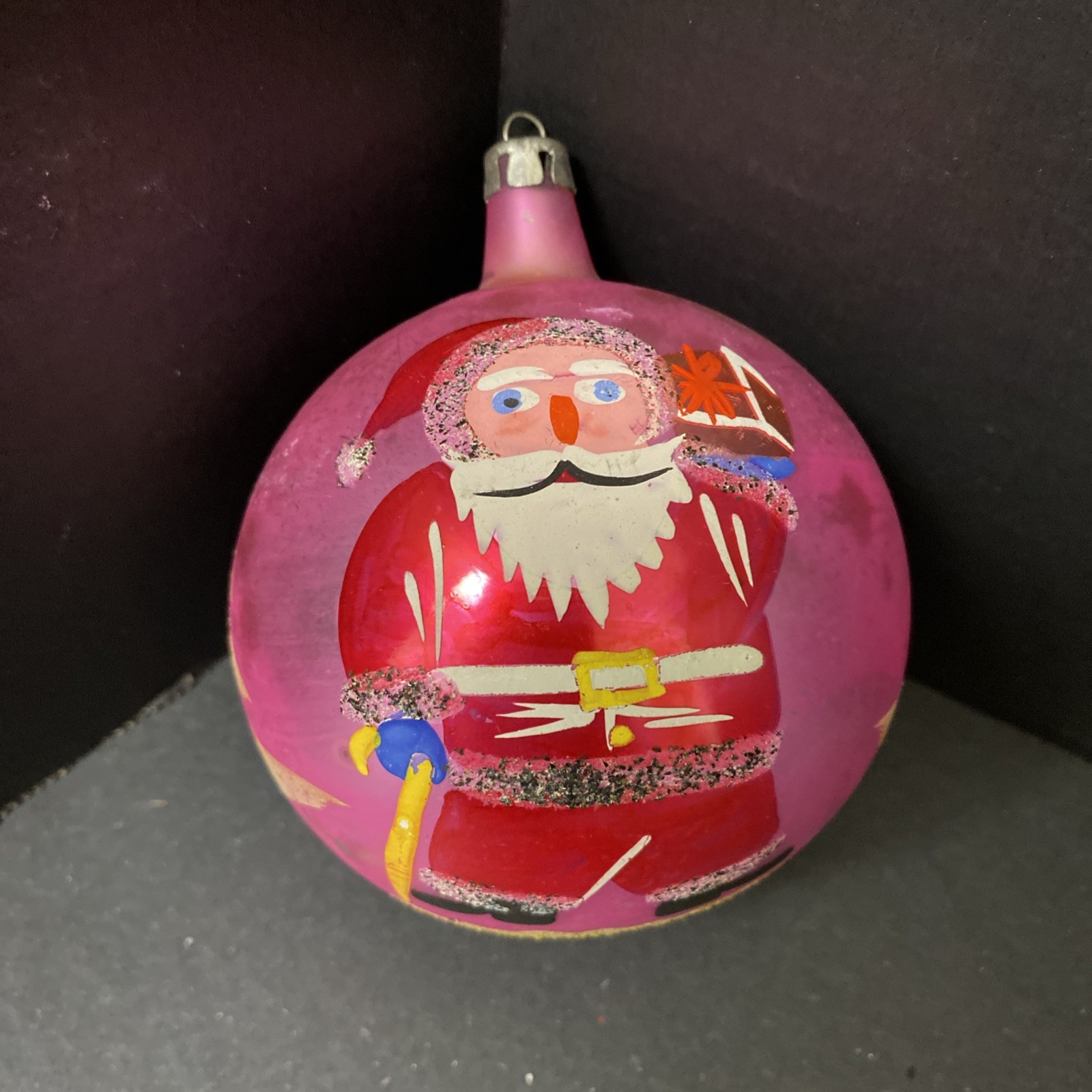 Vintage Jumbo Christmas Ornament Poland Santa with Cane Tree Pink Hand Painted