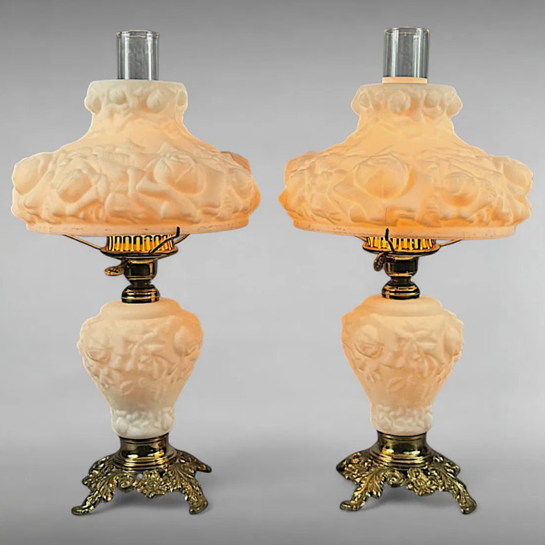 Pair Vintage Fenton Style Cased Glass Puffy Rose GWTW Lamps
