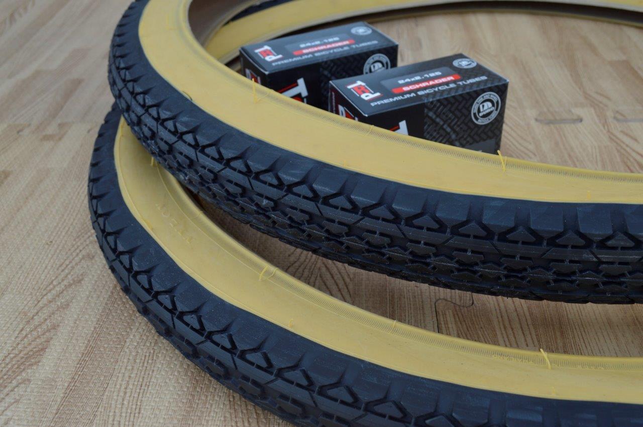 Two (2) Beach Cruiser 24x2.125 Bicycle Tires & Inner tubes Diamond Gum Wall BMX